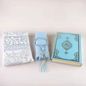 Şal + Seccade + Tesbih + Kuran Hediye Seti (Hafız Boy, Ekonomik Cilt, Açık Mavi) thumbnail 3