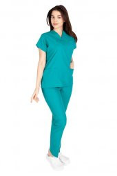 Kadın Doktor Hemşire Forması Scrubs Alpaka Kumaş Hastane Nöbet Takımı (Zarf Yaka Yarasa Kol) - 11