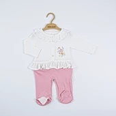 Çiçek Desenli Çıtçıtlı Alt Düğmeli Bebe Yaka Pamuklu Patikli Uzun Kollu Kışlık Kız Bebek Tulum - 1