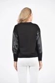 Bisiklet Yaka Deri Kollu Fermuarlı Siyah Kadın Sweatshirt - 5