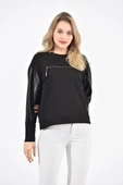 Bisiklet Yaka Deri Kollu Fermuarlı Siyah Kadın Sweatshirt - 3
