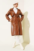 Omuz Apoletli Deri Trençkot Taba thumbnail 1