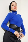 Fitilli Balıkçı Yaka Triko Kazak Saks - 1