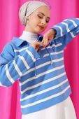 Gömlek Yaka İpli Çizgili Kazak İndigo - 2