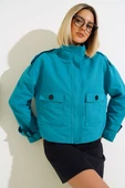 Fermuarlı Omuz Apoletli Kısa Ceket Petrol Yeşili thumbnail 2