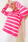 Gömlek Yaka İpli Çizgili Kazak Fuşya - 1