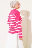 Gömlek Yaka İpli Çizgili Kazak Fuşya - 3