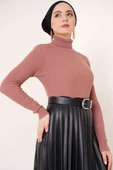 Fitilli Balıkçı Yaka Triko Kazak Gül Kurusu - 1