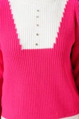 Önü Taş Detaylı Triko Kazak Fuşya - 4