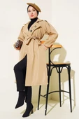Yaka Taşlı Kuşaklı Trençkot Latte thumbnail 1