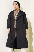 Yaka Taşlı Kuşaklı Trençkot Siyah thumbnail 2