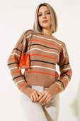 Renkli Çizgili Triko Crop Kazak Büsküvi - 2