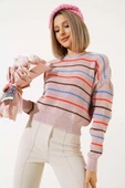 Renkli Çizgili Triko Crop Kazak Pudra - 1