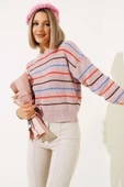 Renkli Çizgili Triko Crop Kazak Pudra - 2