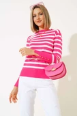 Çizgili Kol Düğme Detaylı Triko Kazak Fuşya - 2