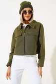 Cep Kapaklı Fermuarlı Kısa Ceket Haki thumbnail 2