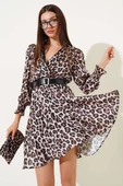Gömlek Yaka Saten Midi Elbise Leopar - 1