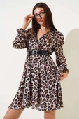 Gömlek Yaka Saten Midi Elbise Leopar - 2