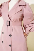 Kuşaklı Balon Kol Uzun Trençkot Pudra thumbnail 4