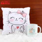 Kedi Puf Yastık Kedi Kupa Hediye Seti - 1