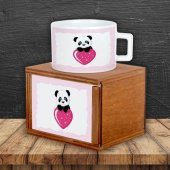Sevimli Panda Işıklı Biblo Sarı Masa Lambası Kalp Tutan Panda Ahşap Kutulu Kupa Hediye Seti - 3