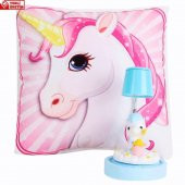 Pembe Unicorn Puf Yastık Sevimli Unicorn Masa Gece Lambası Işıklı Biblo Hediye Seti - 1