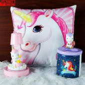 Gökkuşağı Unicorn Kalemlik Unicorn Işıklı Biblo Masa Gece Lambası Puf Yastık Hediye Seti - 1