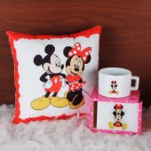 Minnie Mouse Mickey Mouse Puf Yastık Minnie Ahşap Kutulu Kupa Hediye Seti - 1