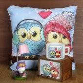 Best Frends Baykuşlar Kutulu Kupa Büyük Yastık Pembe Lamba Işıklı Biblo Seti - 1