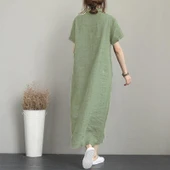 Keten Günlük Kısa Kol Tam Boy Yazlık Salaş Kadın Elbise thumbnail 1