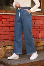 O-1057 Paçasi Püsküllü  Kot Pantolon - Mavi - 4