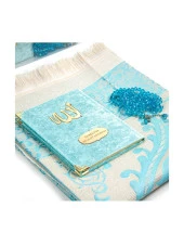 Anneler Gününe Özel Kadife Kaplı Yasin Kitabı - Çanta Boy - İsme Özel Plakalı - Seccadeli - Tesbihli - Kutulu - Mavi Renk thumbnail 2