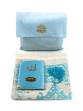 Şantuk Kumaş Kaplı Yasin Kitabı - Çanta Boy - İsme Özel Plakalı - Seccadeli - Tesbihli - Keseli - Mavi Renk - Cemiyet Hediyeliği thumbnail 1