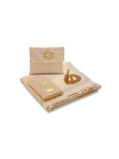 Şantuk Kumaş Kaplı Yasin Kitabı - Çanta Boy - İsme Özel Plakalı - Seccadeli - Tesbihli - Keseli - GOLD Renk - Mevlid Hediyeliği thumbnail 1