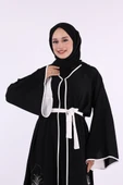 Nakış İşleme Detaylı Bel Kuşaklı Abaya 7901 Siyah thumbnail 5