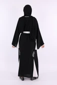 Nakış İşleme Detaylı Bel Kuşaklı Abaya 7901 Siyah thumbnail 4