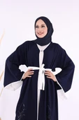 Nakış İşleme Detaylı Bel Kuşaklı Abaya 7901 Lacivert - 5
