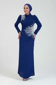 Omuz ve Bel Kısmı Taş Detaylı Abiye Elbise 3909 Lacivert - 1
