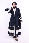 Kol ve Etek Ucu İki Renkli Bel Kuşaklı Piliseli Abaya 7454 Lacivert-ekru - 1