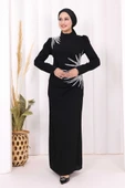 Omuz ve Bel Kısmı Taş Detaylı Abiye Elbise 3909 Siyah thumbnail 1