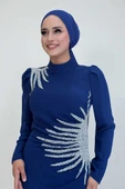 Omuz ve Bel Kısmı Taş Detaylı Abiye Elbise 3909 Lacivert - 4
