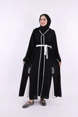 Nakış İşleme Detaylı Bel Kuşaklı Abaya 7901 Siyah thumbnail 1