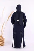 Nakış İşleme Detaylı Bel Kuşaklı Abaya 7901 Lacivert - 4