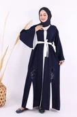 Nakış İşleme Detaylı Bel Kuşaklı Abaya 7901 Lacivert - 2