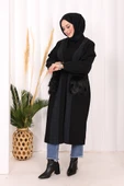 Tüylü Cep Detaylı Bel Kuşaklı Kaban 7865 Siyah - 3