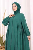 Oval Büzgülü Kol Manşetleri Lastikli Fermuarlı Tam Boy Ferace 6005 Zümrüt thumbnail 6