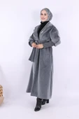 Bel Kuşaklı Yaka Taş Broş Detaylı Uzun Kaban 7923 Gri - 2