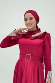 Fırfırlı Taş Detaylı Kemer Aksesuarlı Saten Abiye Elbise 1155 Bordo thumbnail 5