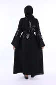 Nakış İşleme Detaylı Bel Kuşaklı Abaya 7898 Siyah thumbnail 2