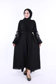 Nakış İşleme Detaylı Bel Kuşaklı Abaya 7898 Siyah thumbnail 3